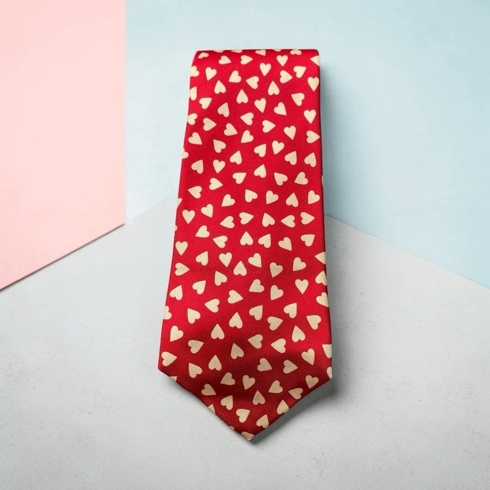 J.Crew Silk Tie Necktie Red Hearts Handmade in USA 3.25